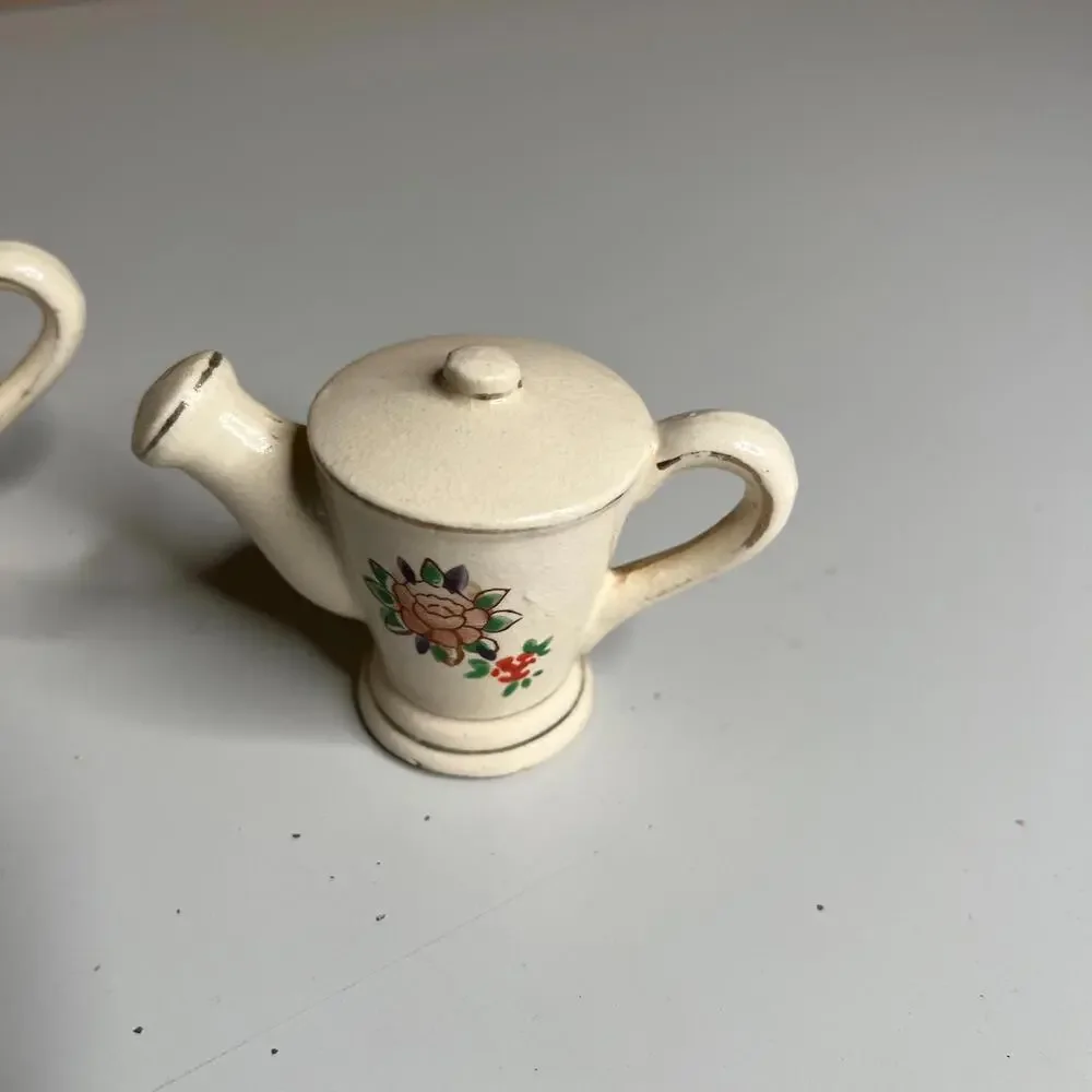 Vintage Japan Teapot Salt and Pepper Shakers Hand Painted Floral Ceramic 1950s‎